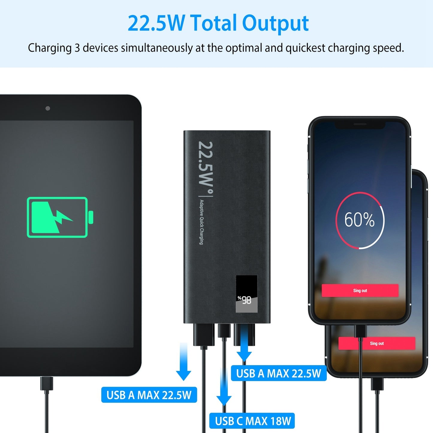 1Pc 1W Mah Power Bank Portable Charger External Battery Pack 22.5W Super Fast Charging PD QC 3.0 With LED Display Fit For IOS Phone