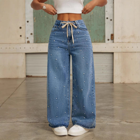 Fashion High Waist Loose Straight With Baht Wide Leg Mop Pants